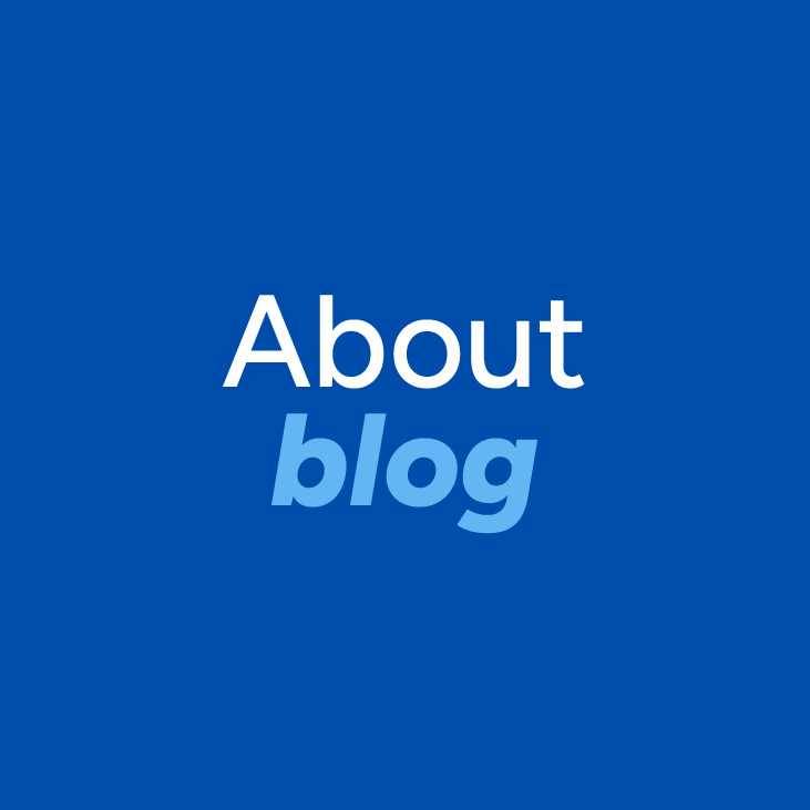About blog page header with blue background and minimalist typography