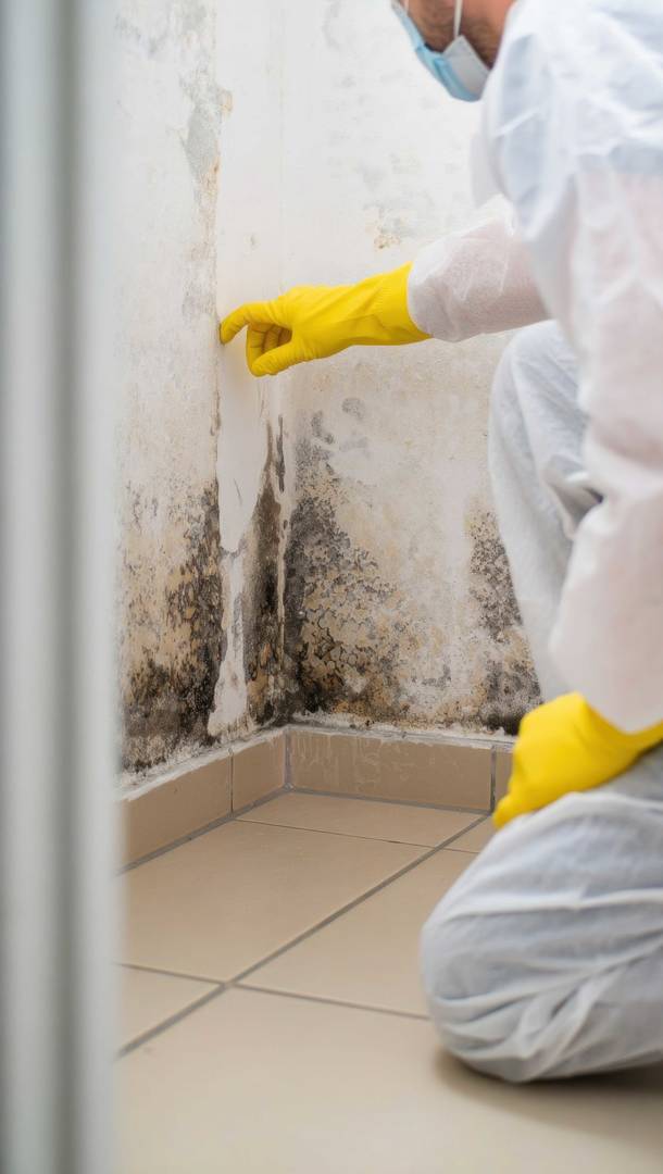 Professional in protective suit inspecting mold on wall in corner of room. Mold remediation, water damage, toxic fungus, home inspection, black mold removal, indoor hazard
