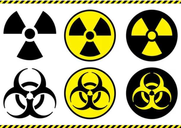 Sarı arka plan üzerinde, siyah ve sarı çizgili bir kenarlıkla çevrili, üç radyasyon tehlikesi ve üç biyolojik tehlike sembolünden oluşan altı dairesel sembol.