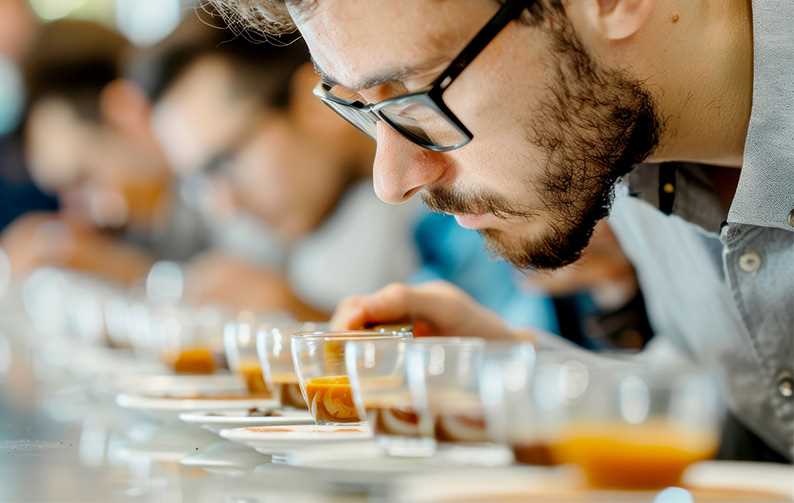 Sensory Analysis - Man enjoying coffee aromas Sensory Analysis - Man enjoying coffee aromas
