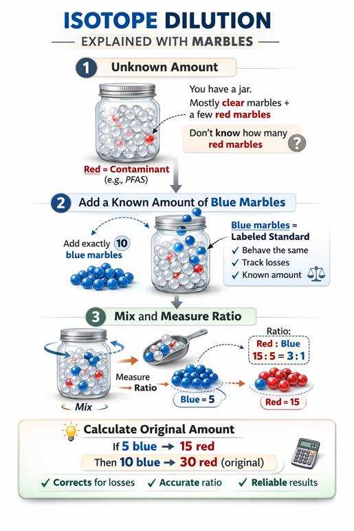 A jar of colored marbles illustrating the isotopic dilution analogy