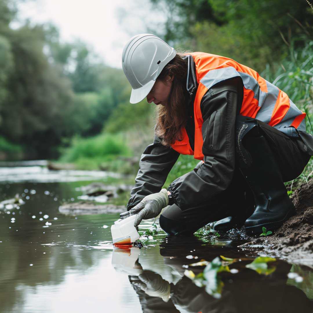 Female taking water sample from a stream