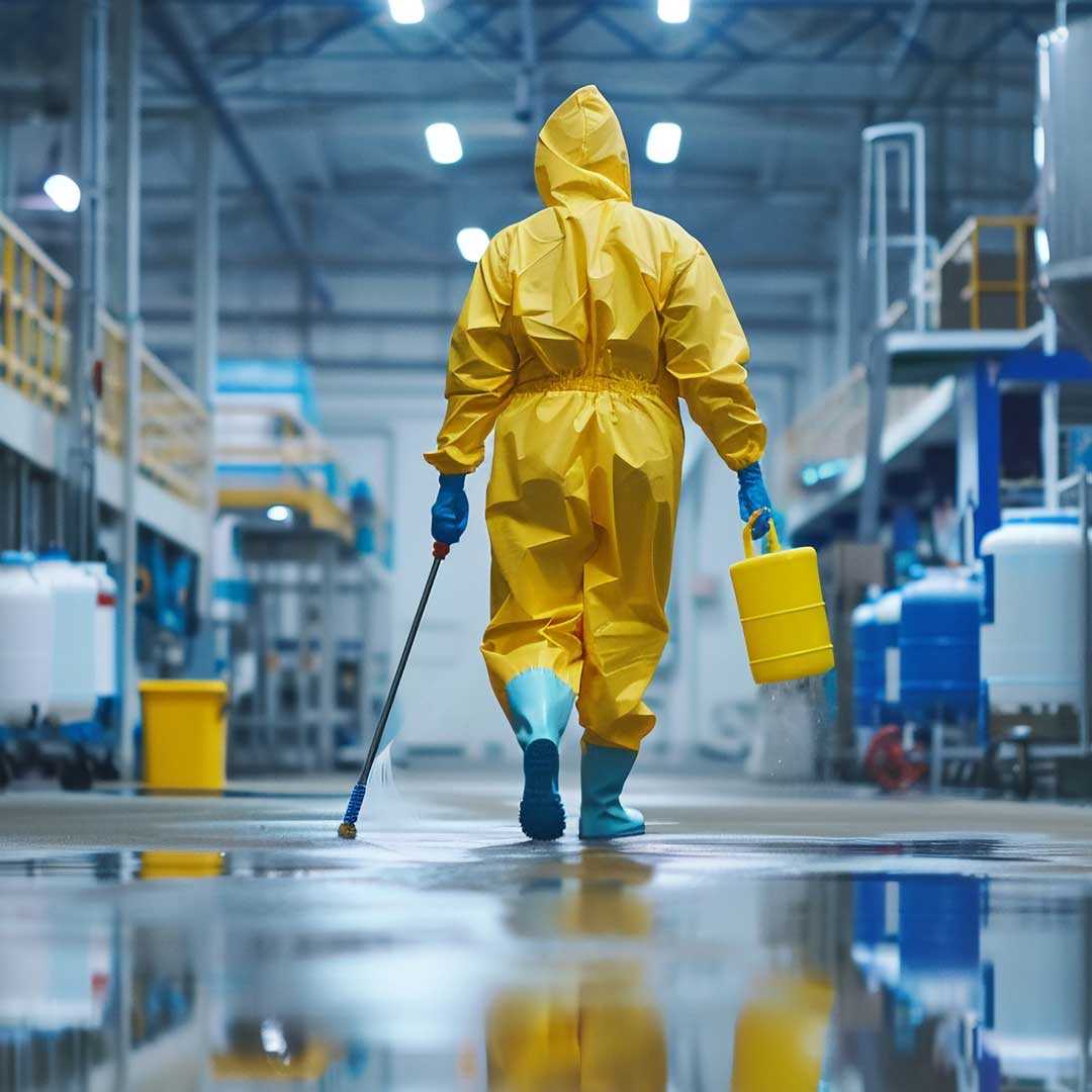 Industrial cleaning wearing hazmat suit