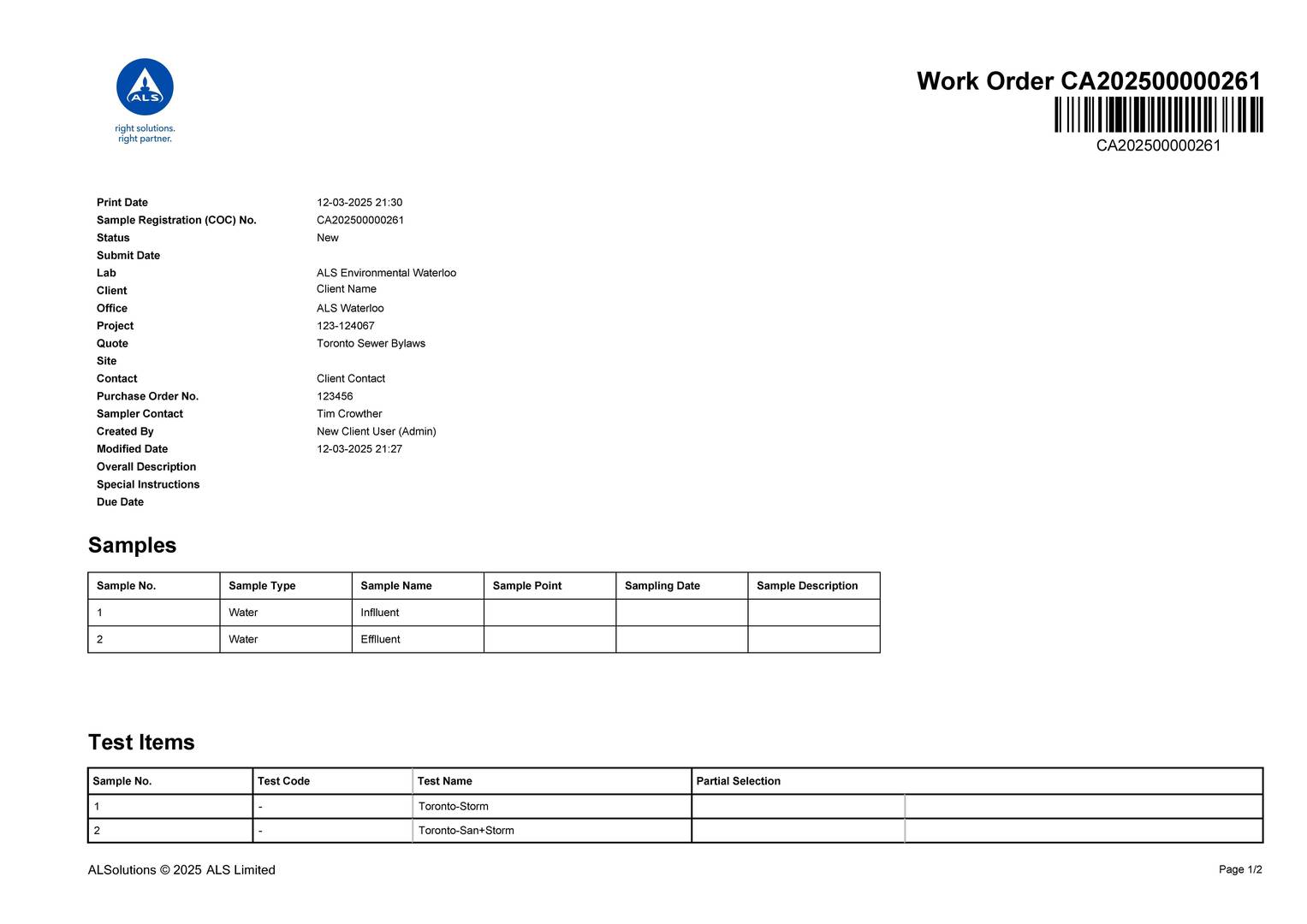 Figure 5. ALS Solutions Printed COC Form
