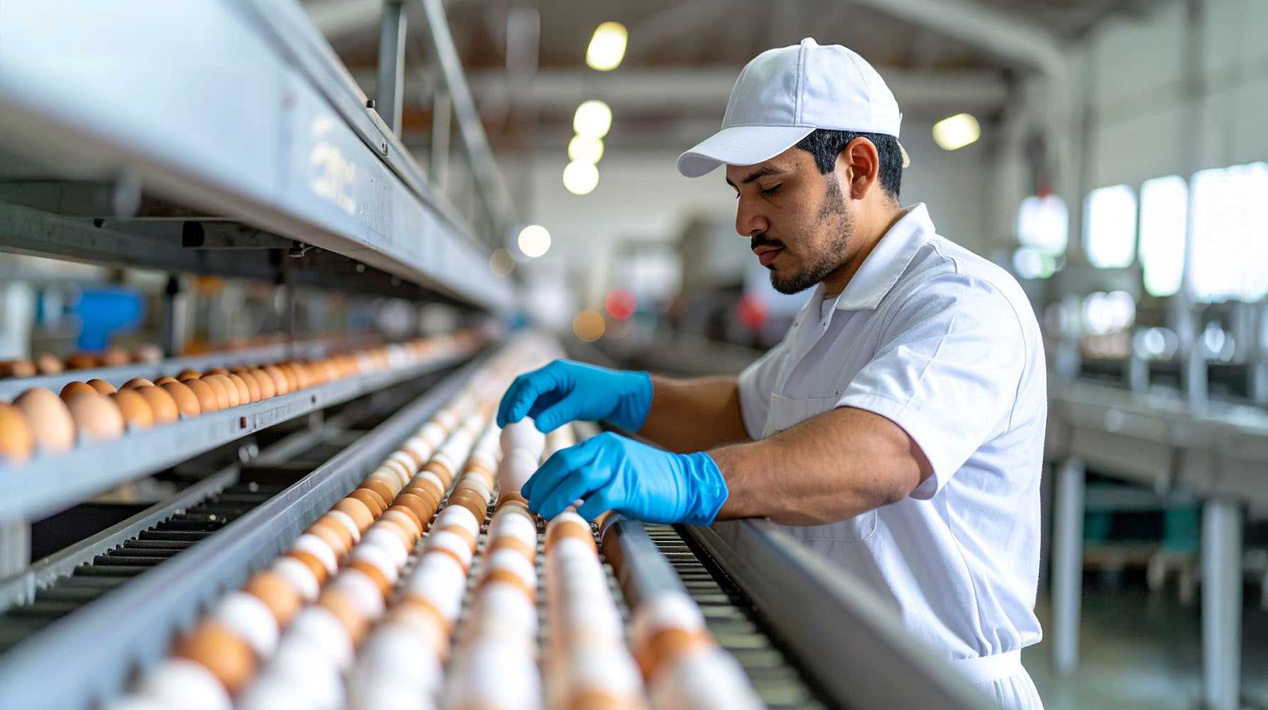Trabalhador numa fábrica de processamento de ovos, com uniforme branco e luvas azuis, a inspecionar ovos numa linha de produção.