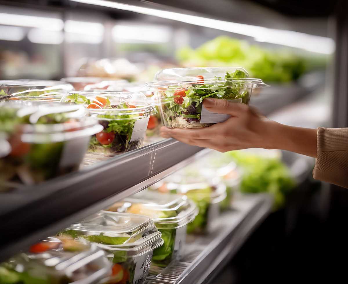 Mão a selecionar uma embalagem de salada fresca num expositor refrigerado com várias opções de saladas pré-embaladas.