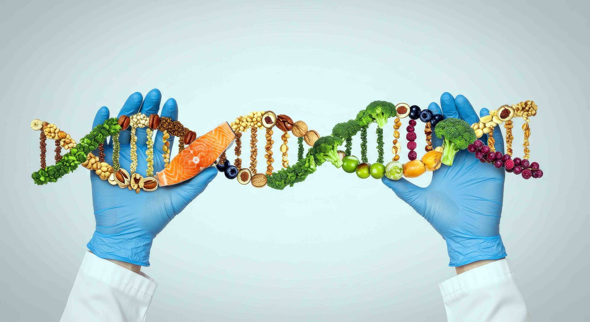Mãos com luvas a segurar modelo de DNA feito com vegetais, frutas, frutos secos e peixe.