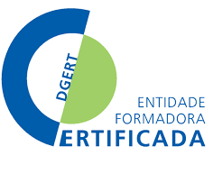 Logótipo com o texto "DGERT ENTIDADE FORMADORA CERTIFICADA", composto por uma forma circular azul com um segmento verde onde está escrito "DGERT" verticalmente, e o restante texto à direita em azul.