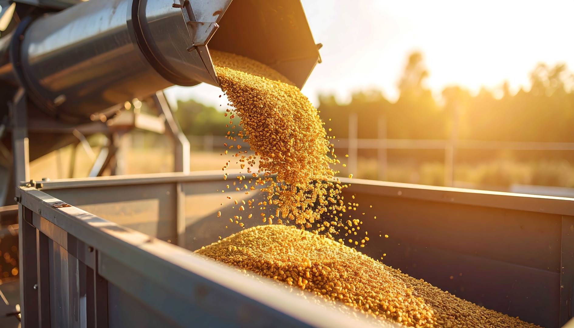 Máquina de processamento de grãos despejando grãos dourados em recipiente ao ar livre, iluminados pelo sol — representando processos agrícolas e manuseio de materiais sólidos.