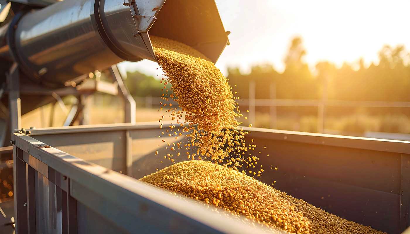 Máquina de processamento de grãos despejando grãos dourados em recipiente ao ar livre, iluminados pelo sol — representando processos agrícolas e manuseio de materiais sólidos.