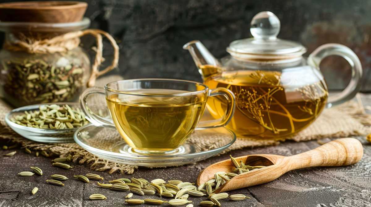 An herbal infusion of fennel tea in a glass cup and a glass teapot with dried fennel seeds in a wooden shovel.