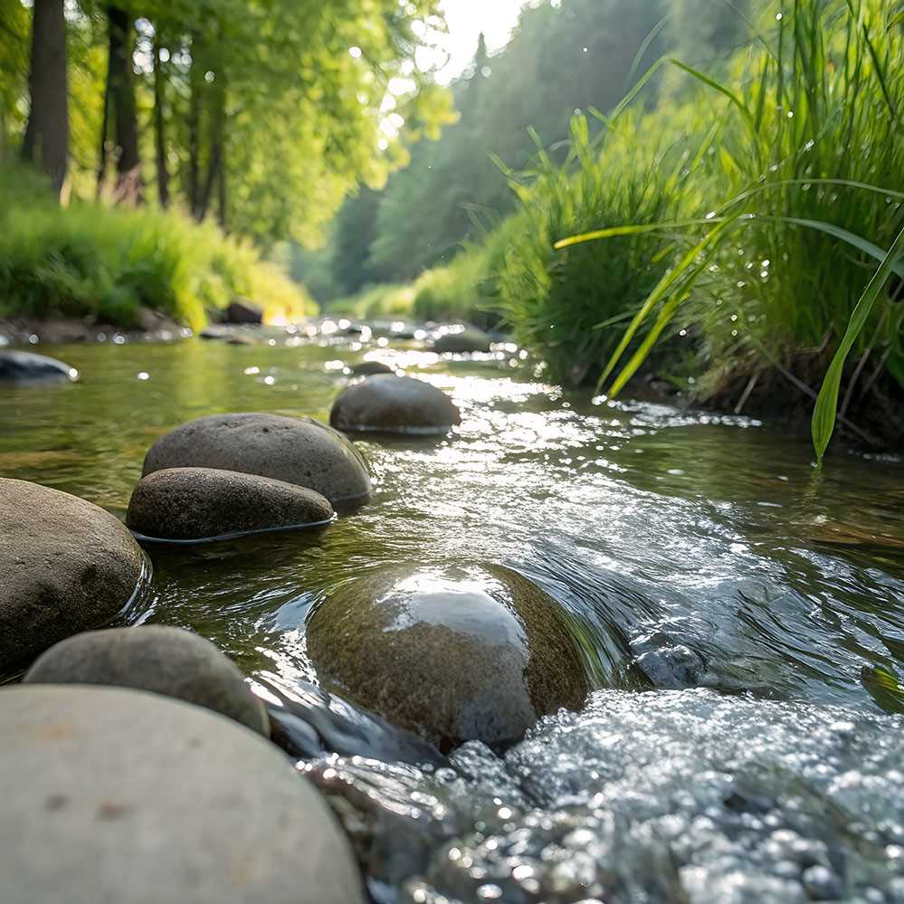 Um riacho sereno com pedras arredondadas e vegetação verdejante nas margens, iluminado pela luz do sol que atravessa as árvores ao fundo.
