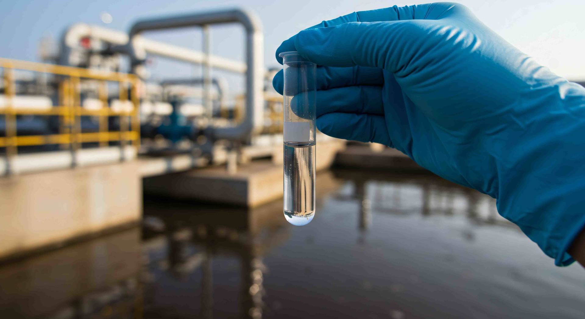 Mão enluvada a segurar um tubo de ensaio com água clara numa estação de tratamento de águas.