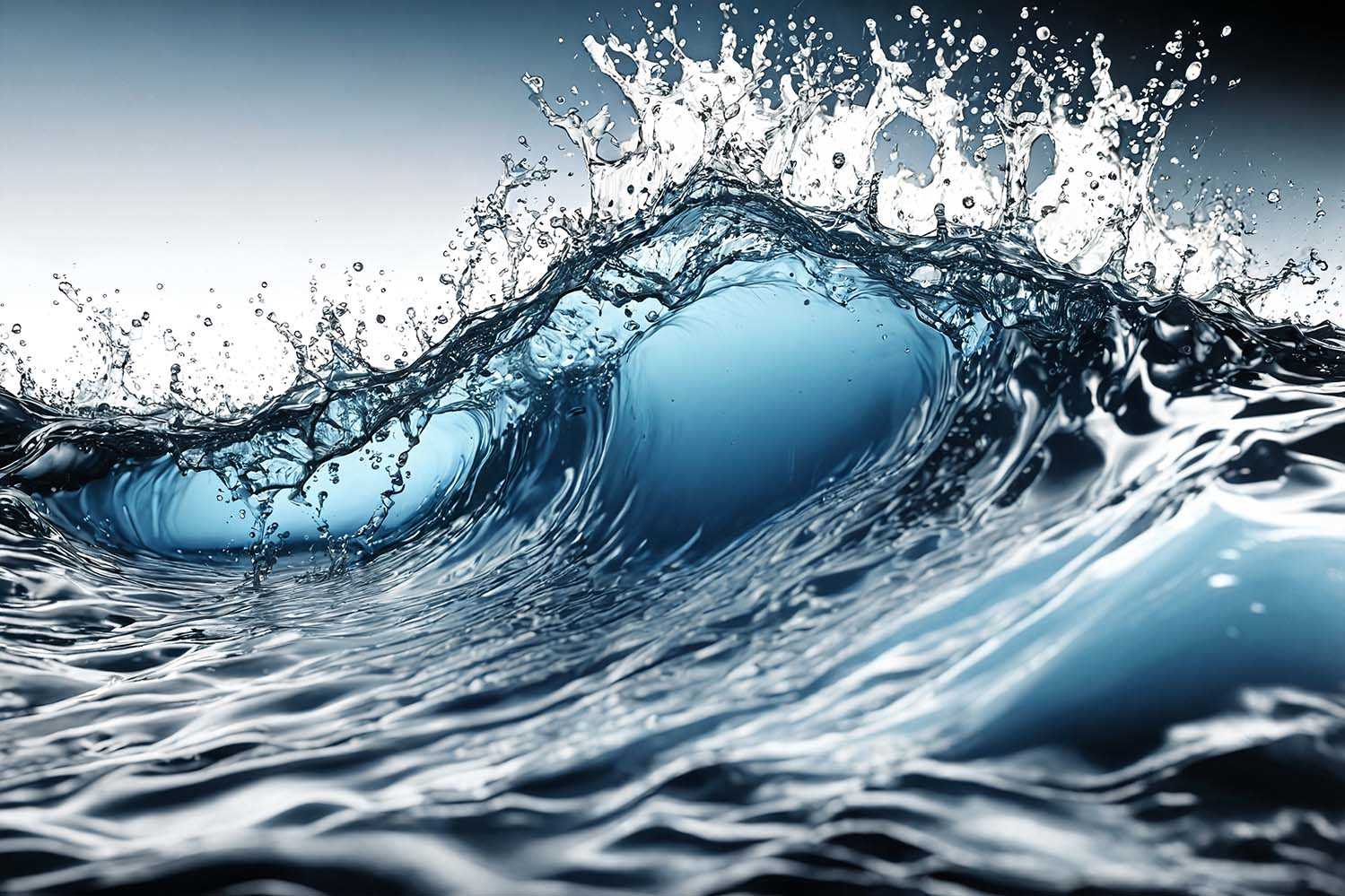 Uma onda de água azul cristalina quebrando com salpicos visíveis contra um fundo gradiente de cinza a branco.