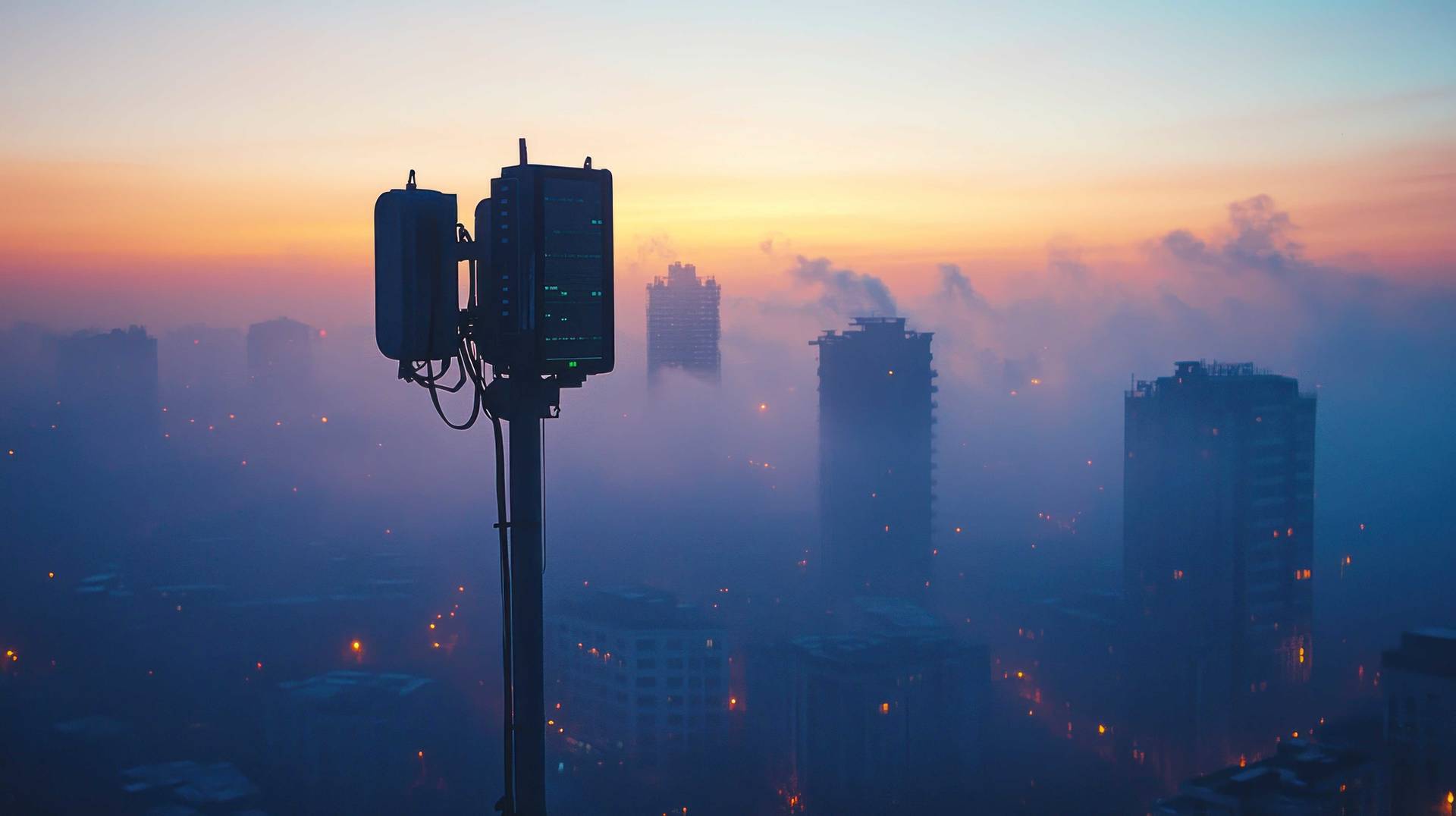 Şehir manzarası arka planında, çatıya yerleştirilmiş bir telekomünikasyon anteni; sisli hava ve turuncu-mavi gökyüzüyle birlikte.