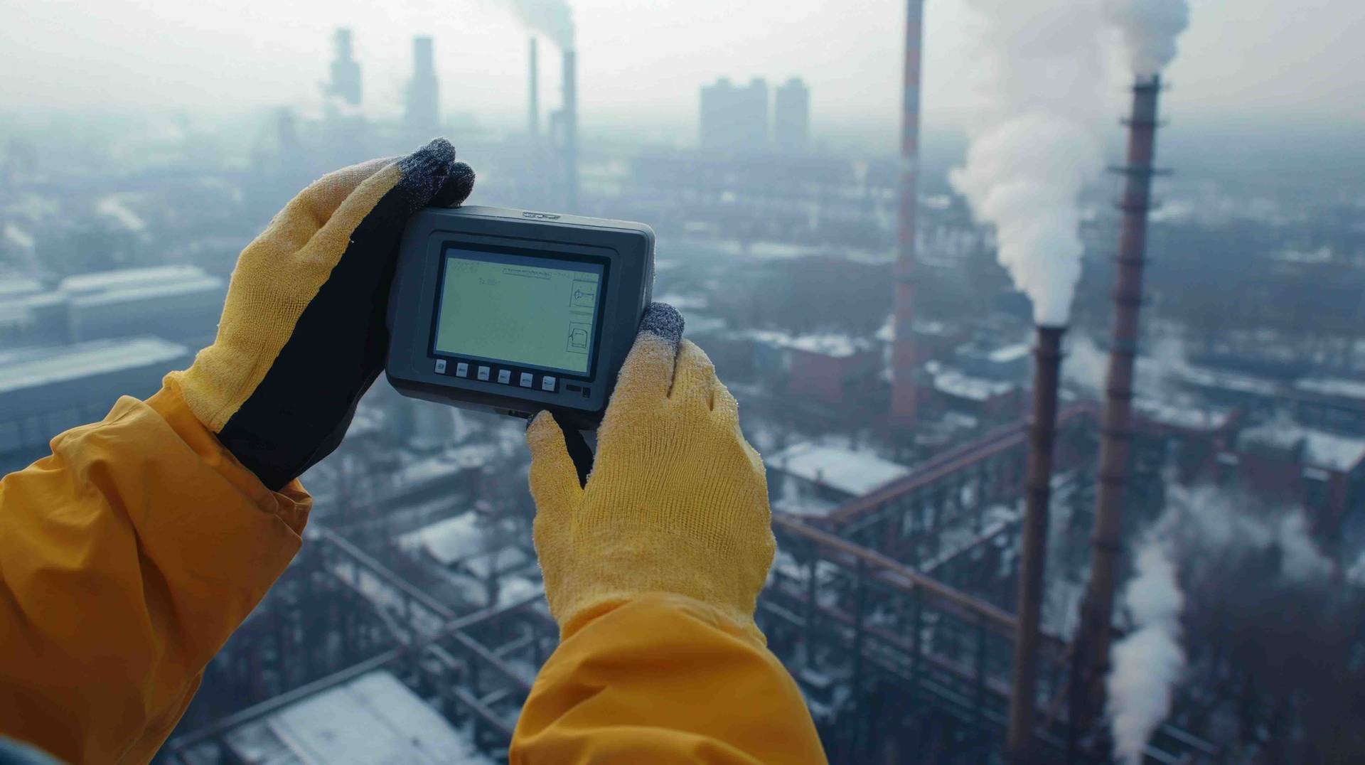 Turuncu ceketli ve sarı eldivenli bir kişi, ekranlı taşınabilir bir cihaz tutuyor; arka planda bacalardan duman çıkan sanayi tesisi görülüyor.