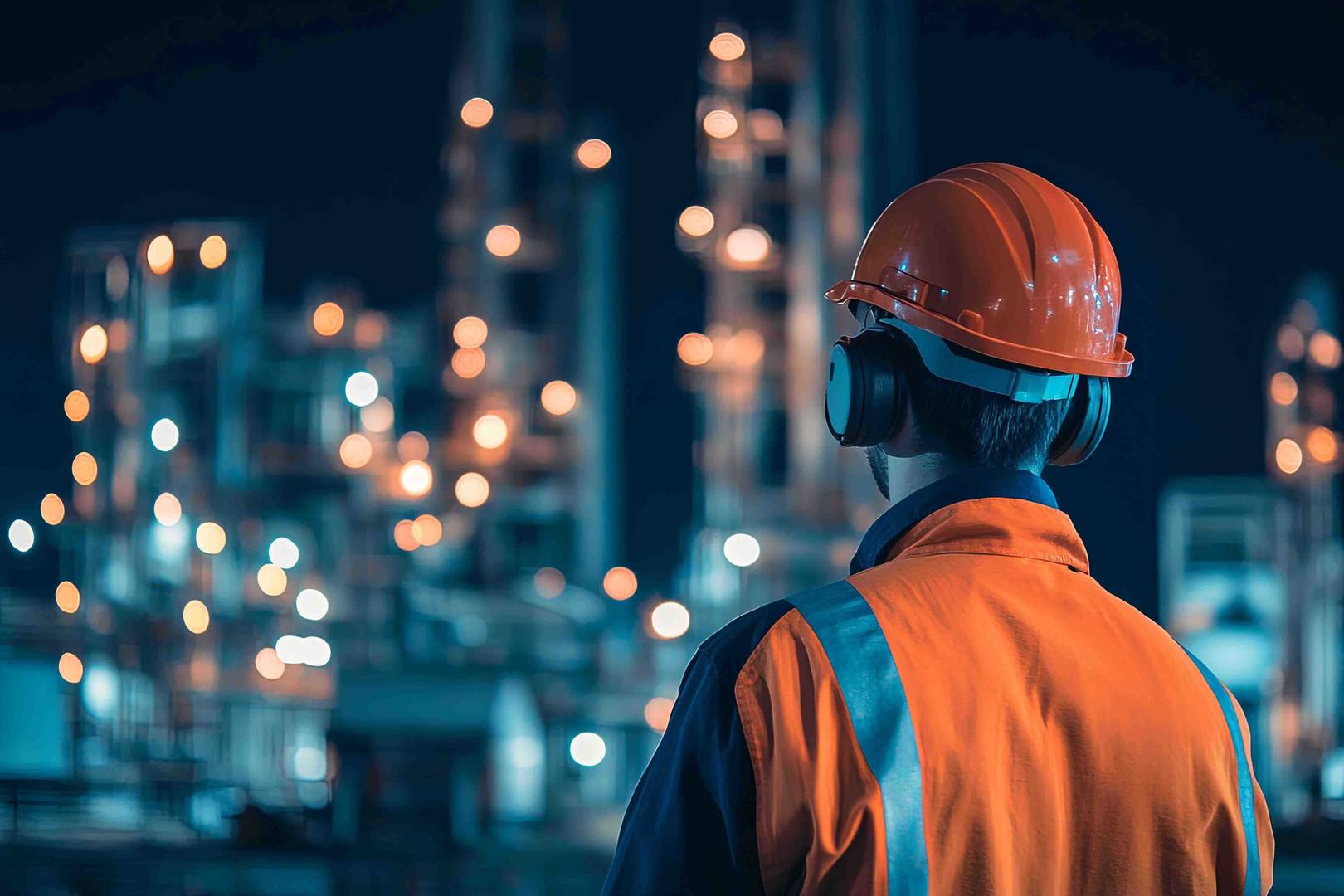 Turuncu güvenlik yeleği, baret ve kulak koruyucu takan bir kişi, gece vakti aydınlatılmış bir endüstriyel tesisi arkadan izliyor.
