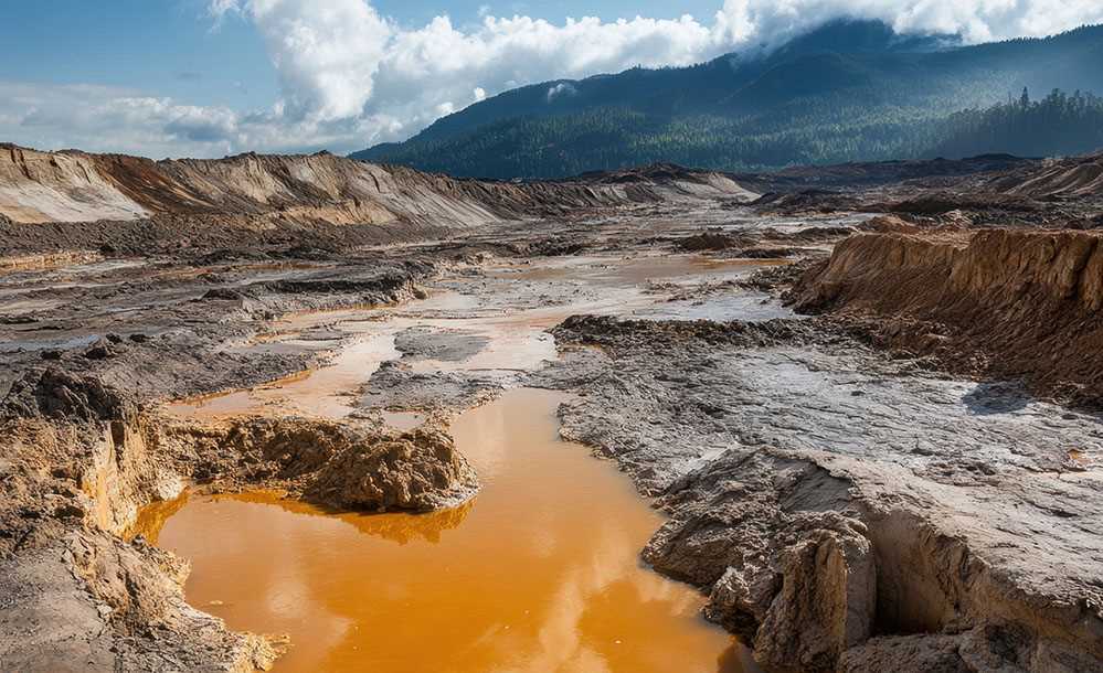 Paisagem de mineração degradada com solo erodido e poças de água alaranjada, indicando possível contaminação por metais pesados. Ao fundo, montanhas cobertas por vegetação e nuvens parcialmente encobrindo o céu.