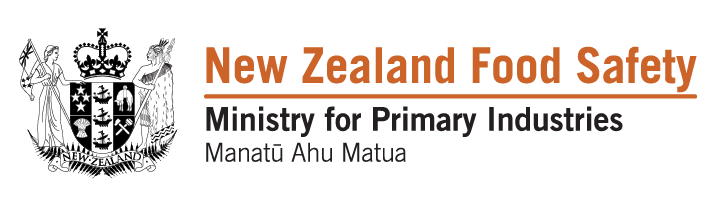 Logo of New Zealand Food Safety, Ministry for Primary Industries (Manatū Ahu Matua), featuring a black-and-white coat of arms on the left and the organization name in orange and black text on the right.