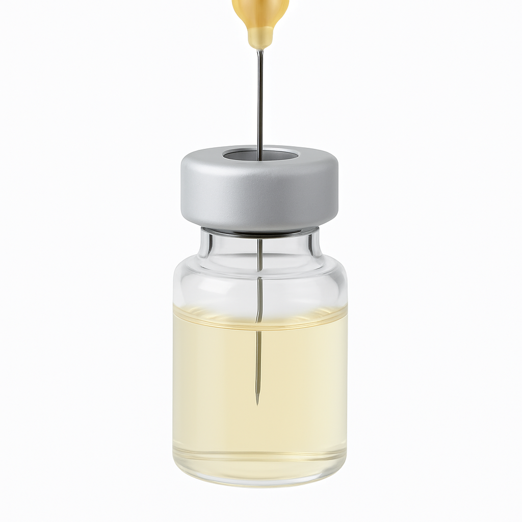 Sterilt prov injicerat genom septum på en vial med näringsmedium, som del av direct inoculation‑steget i Rapid Sterility Testing.