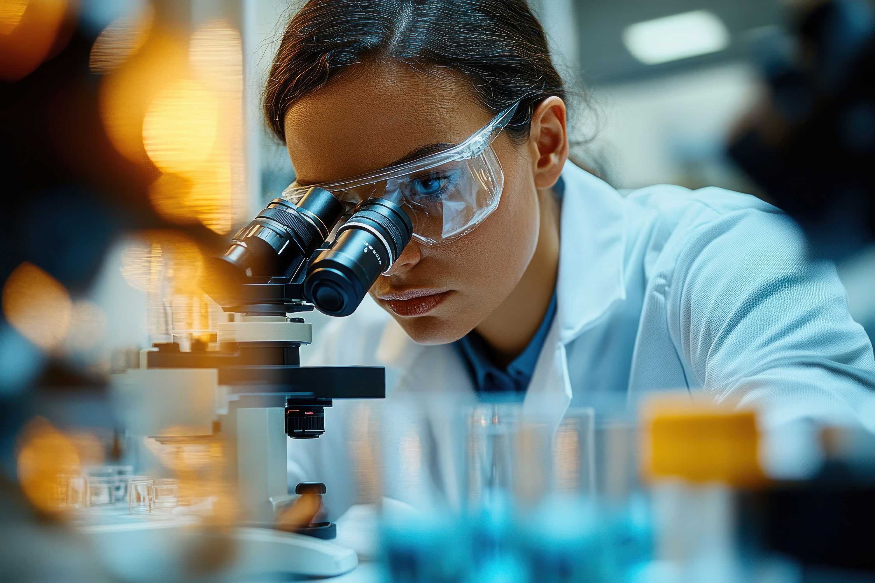 Female scientist working in laboratory using microscope for research and analysis in pharmacology