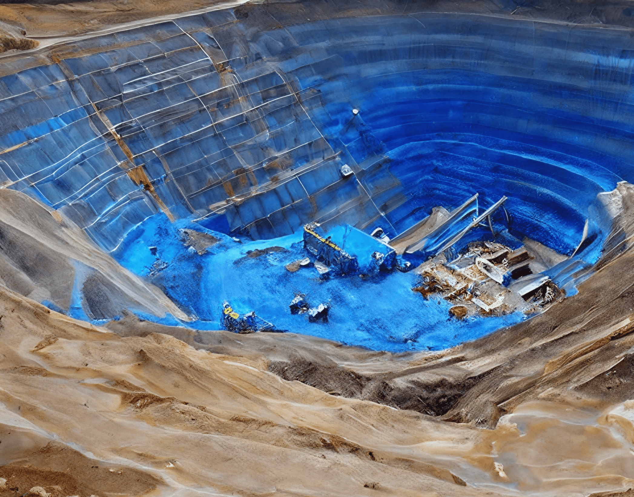 Aerial view of an open-pit mine with terraced benches and haul roads