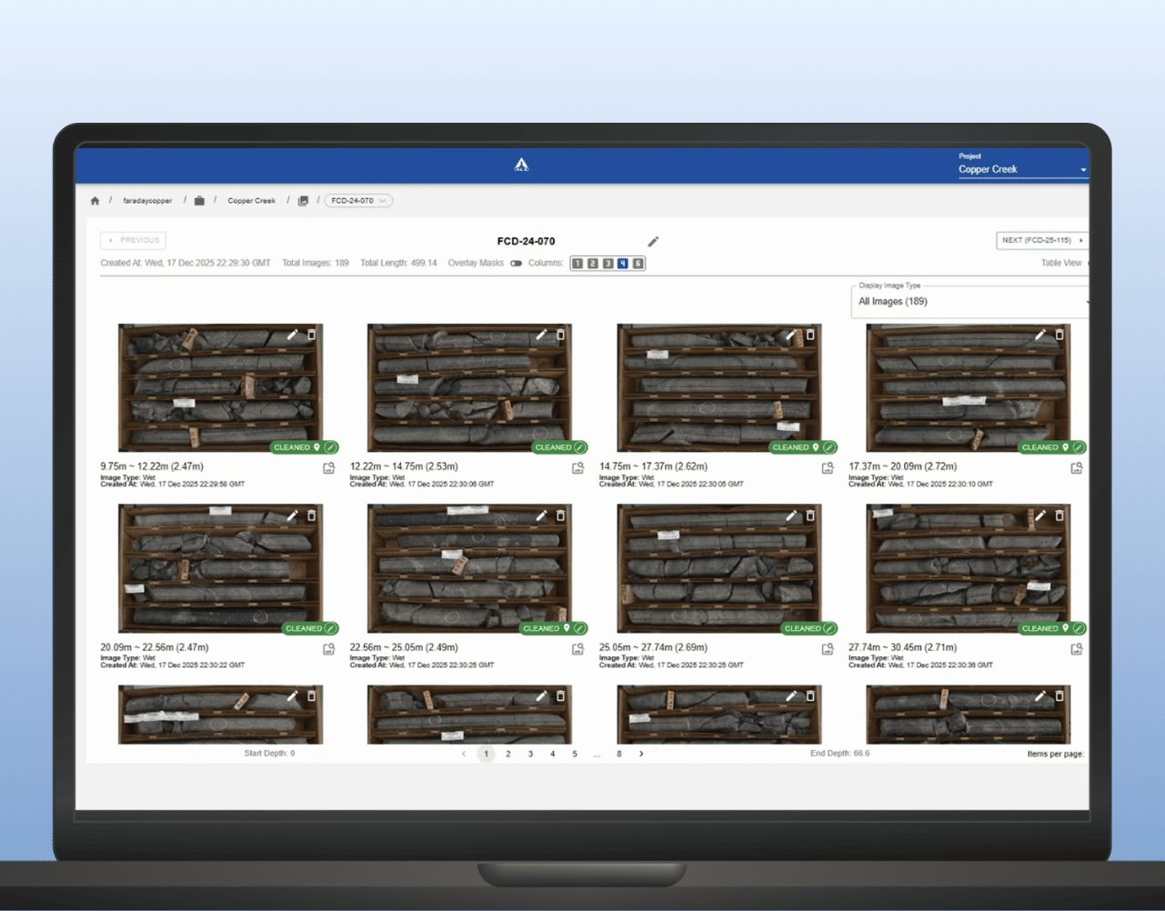 Core-logging software showing labeled drill core photos with depth intervals for hole