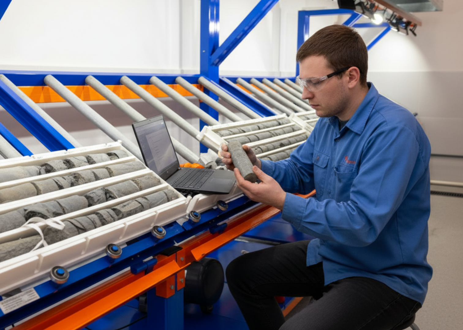 A long industrial core logging table featuring blue and orange metal framing slanted roller racks with core sample trays