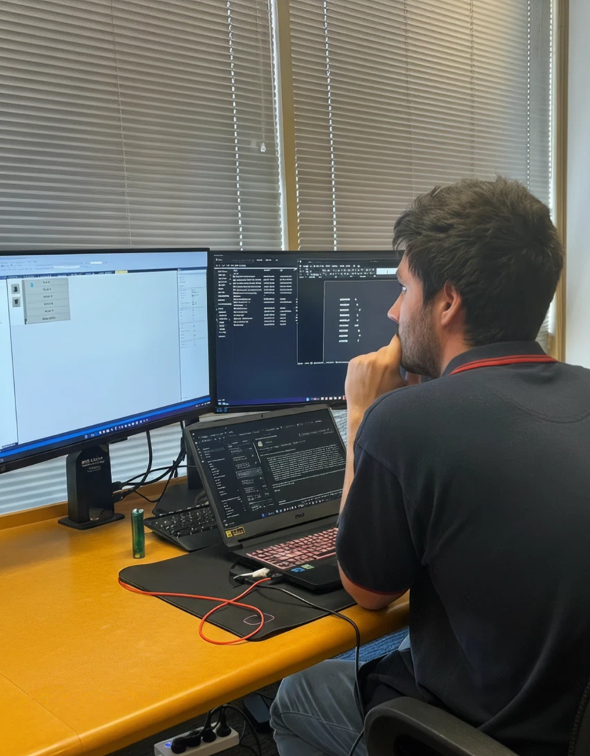 worker in front of dual screens looking at some charts